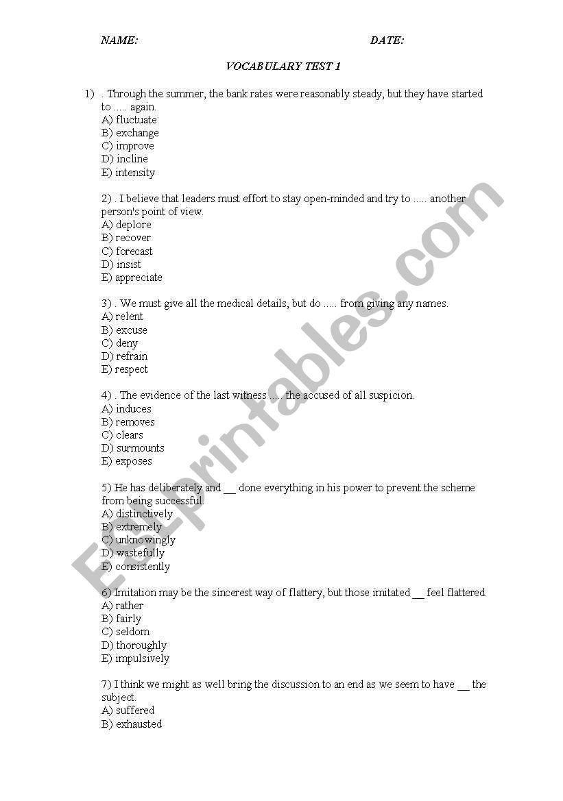 vocabulary testing worksheet