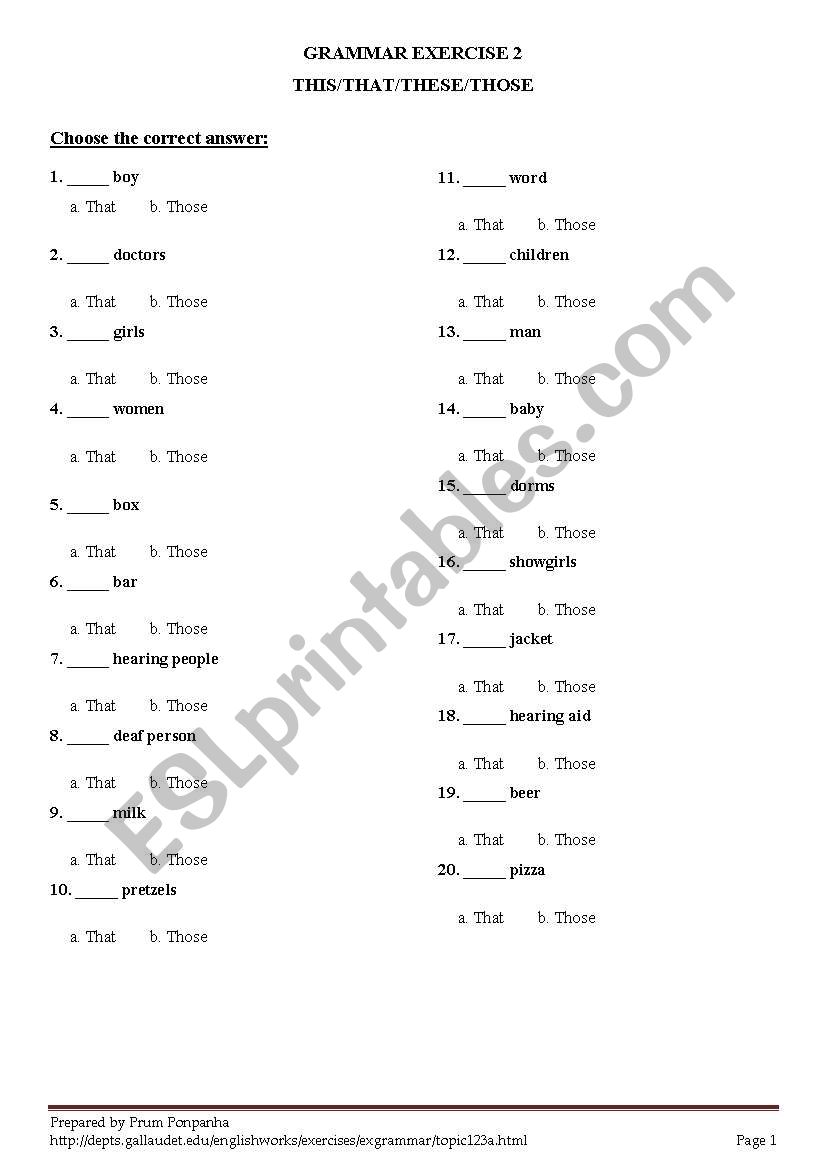 Demonstrative worksheet