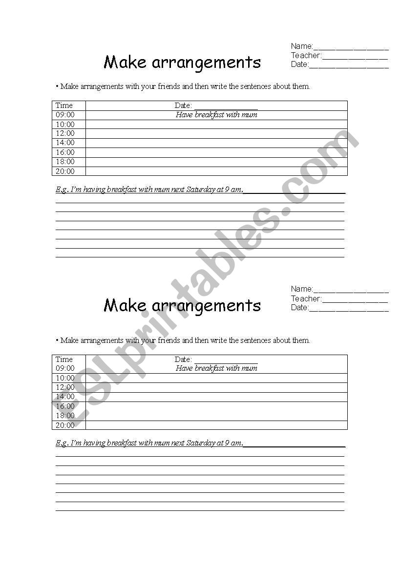 Make arrangements worksheet