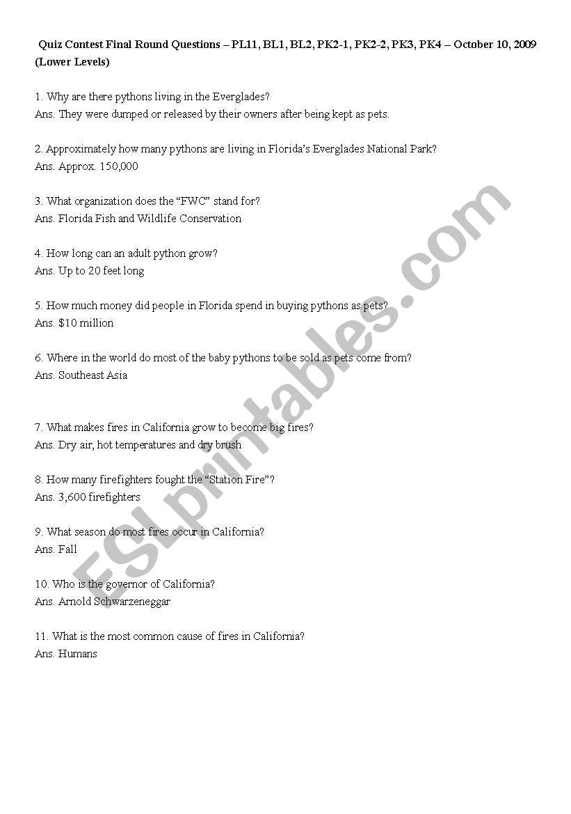 quiz contest questions worksheet