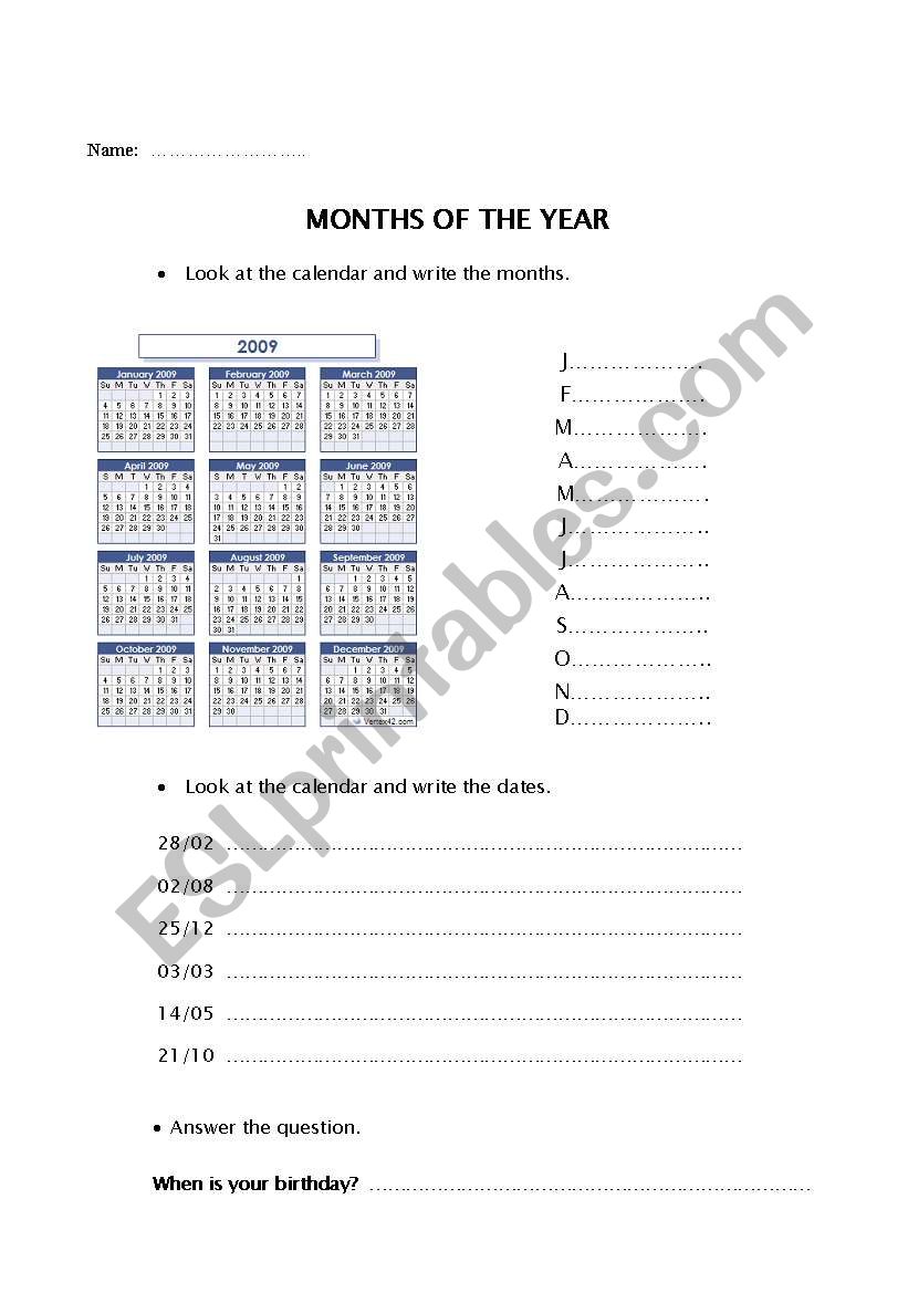 Months of the year worksheet