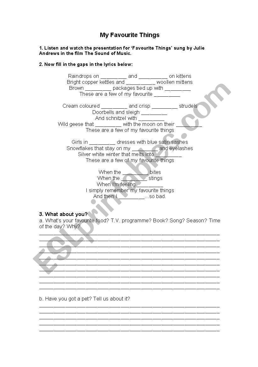 Favourite Things worksheet