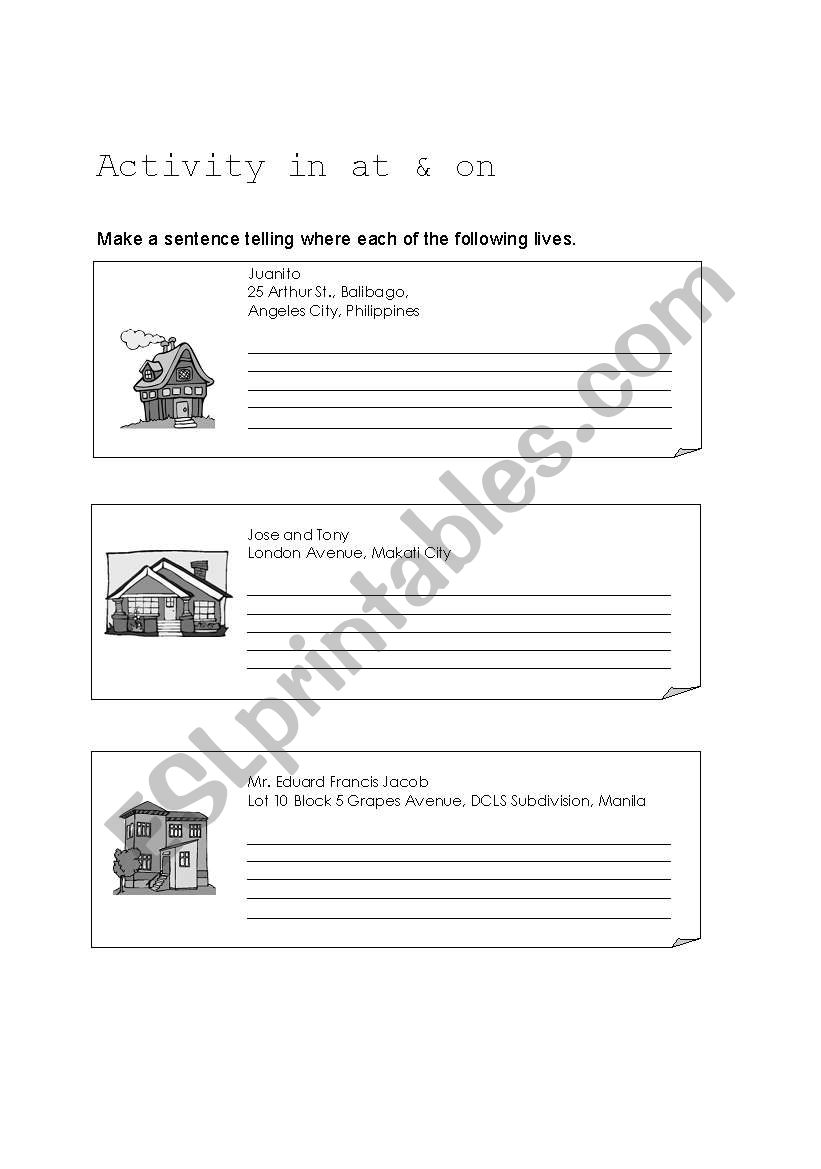 Activity in at and on worksheet