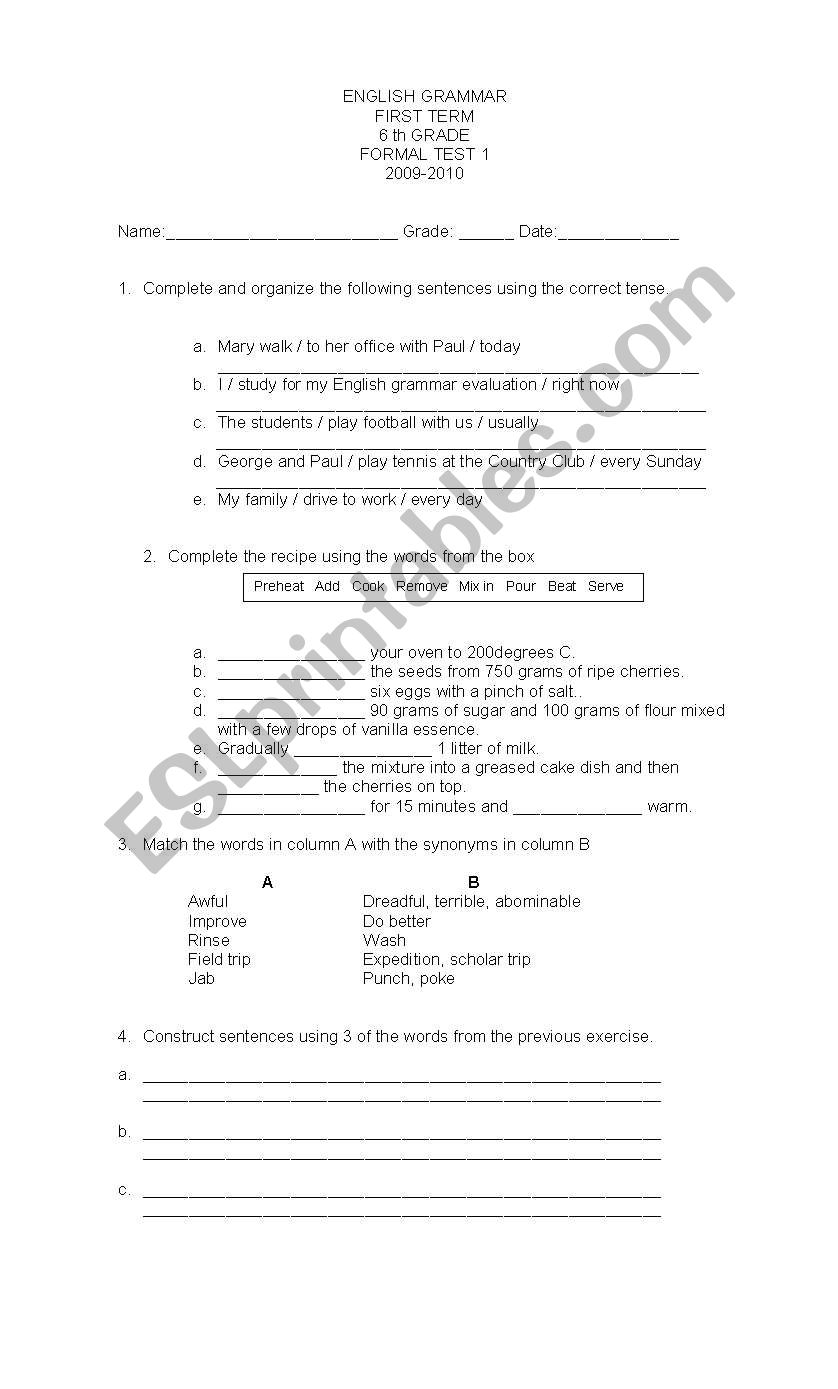 Short Test worksheet