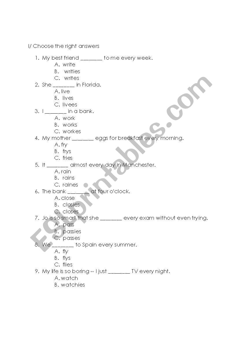 A Test On Present Simple worksheet