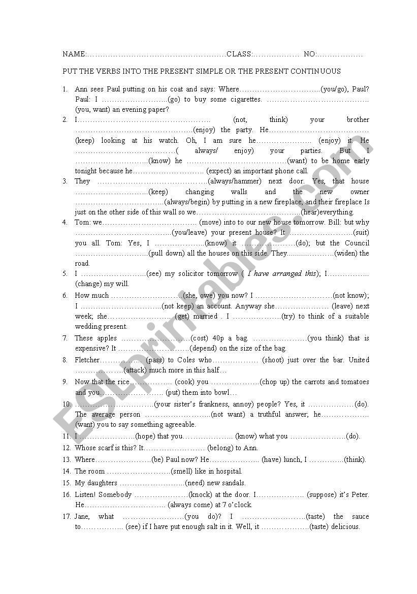 Present simple&continuous worksheet