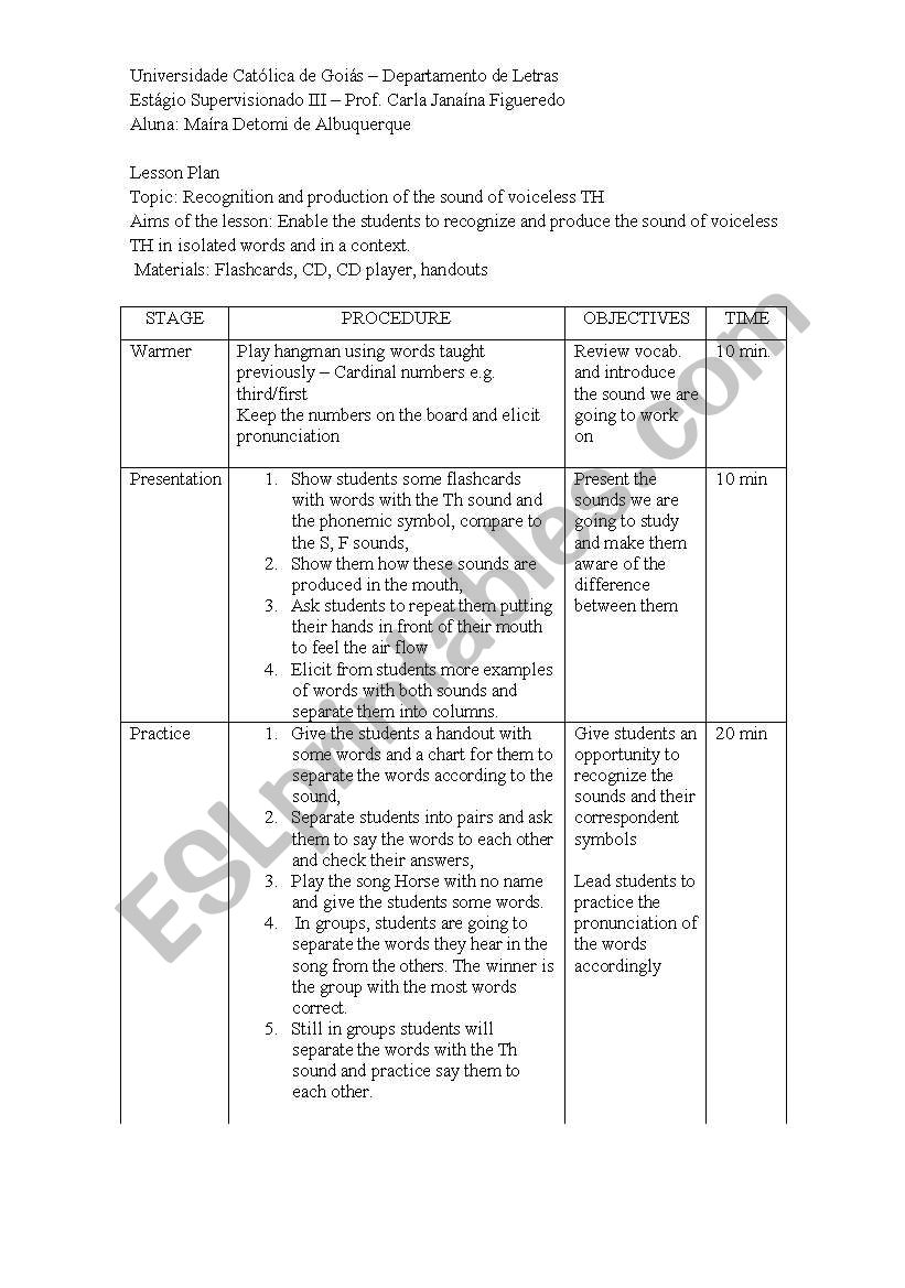 Lesson Plan pronunciation ESL Worksheet By Mairadetomi