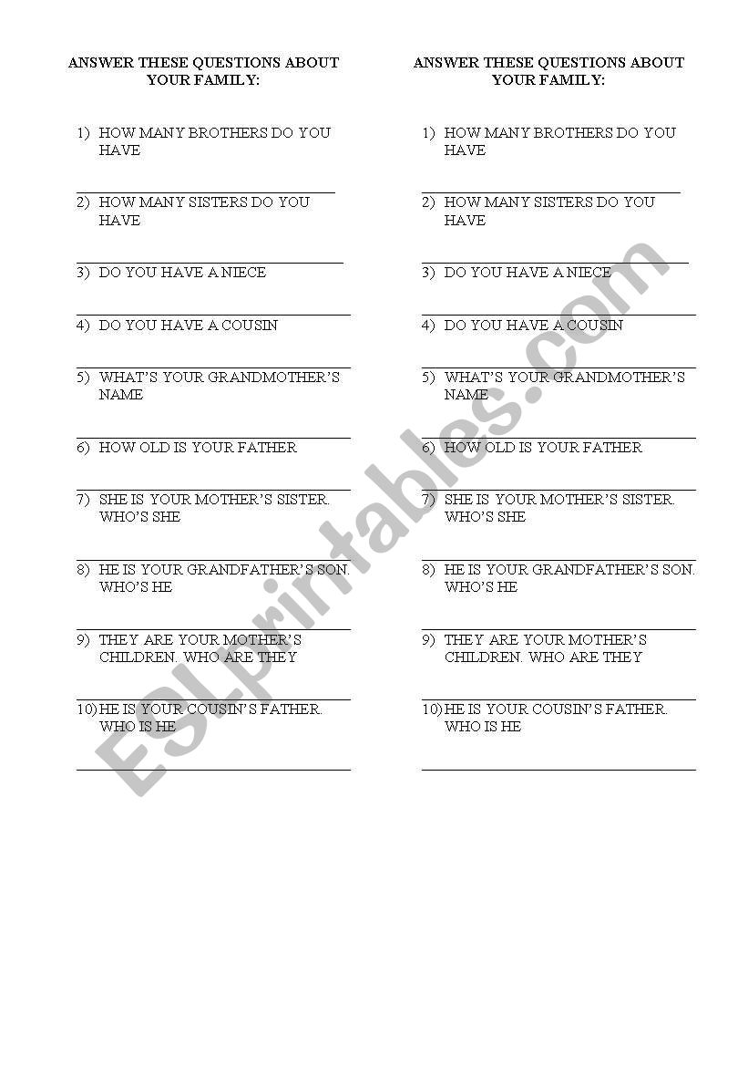 Family quiz worksheet