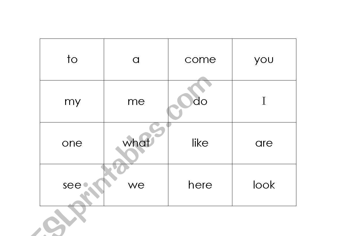 High frequency word bingo worksheet
