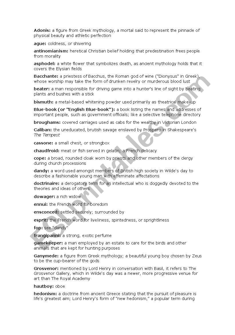 dorian grey vocaulary and worksheet