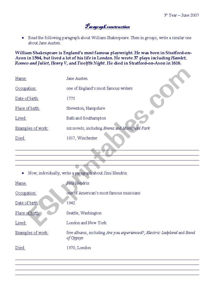 Paragraph Construction worksheet