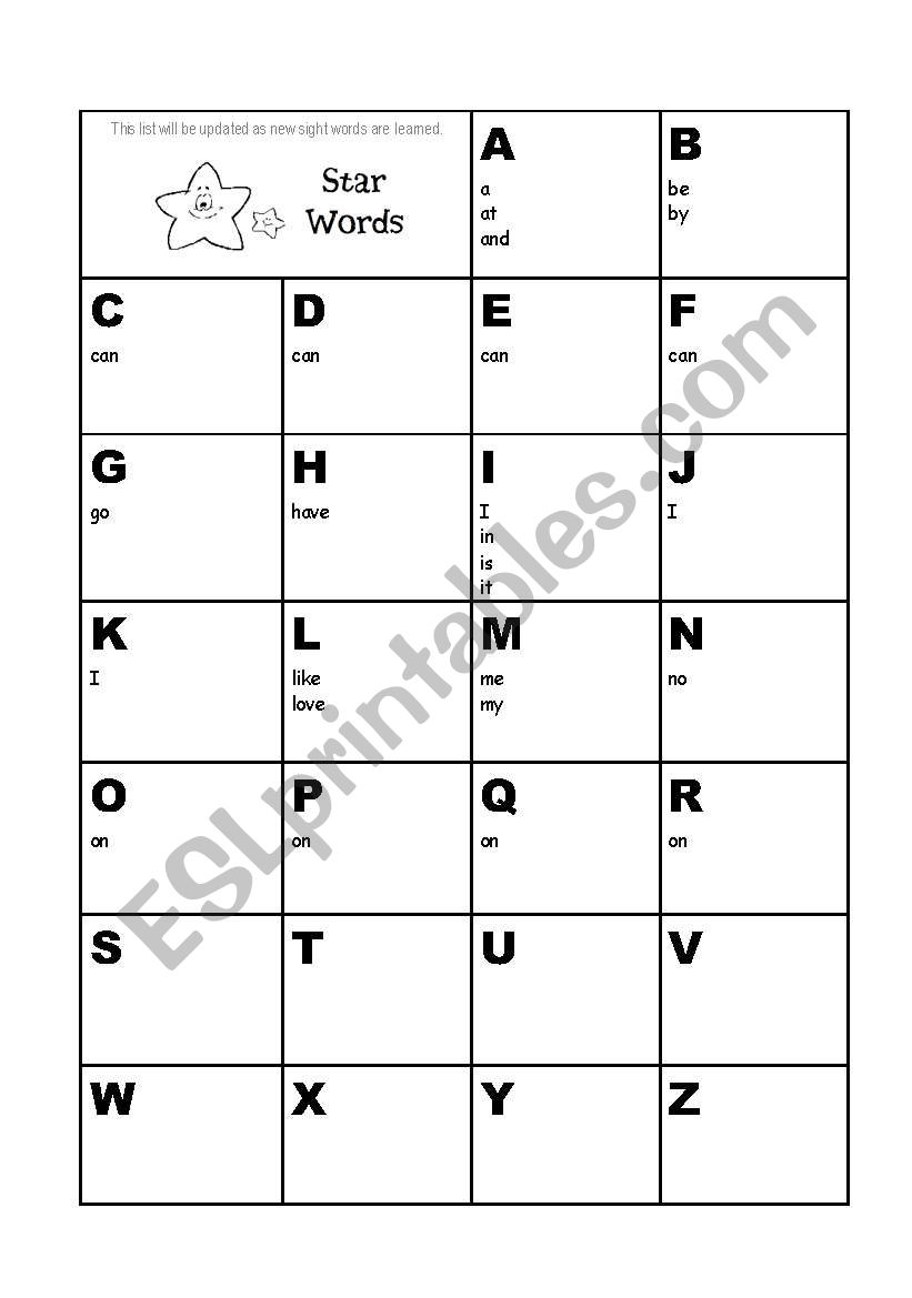 Star Words worksheet