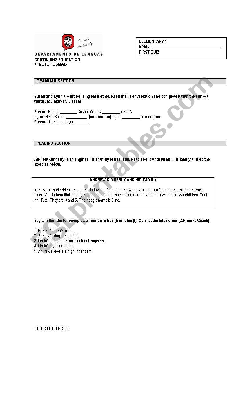 quiz elementary worksheet