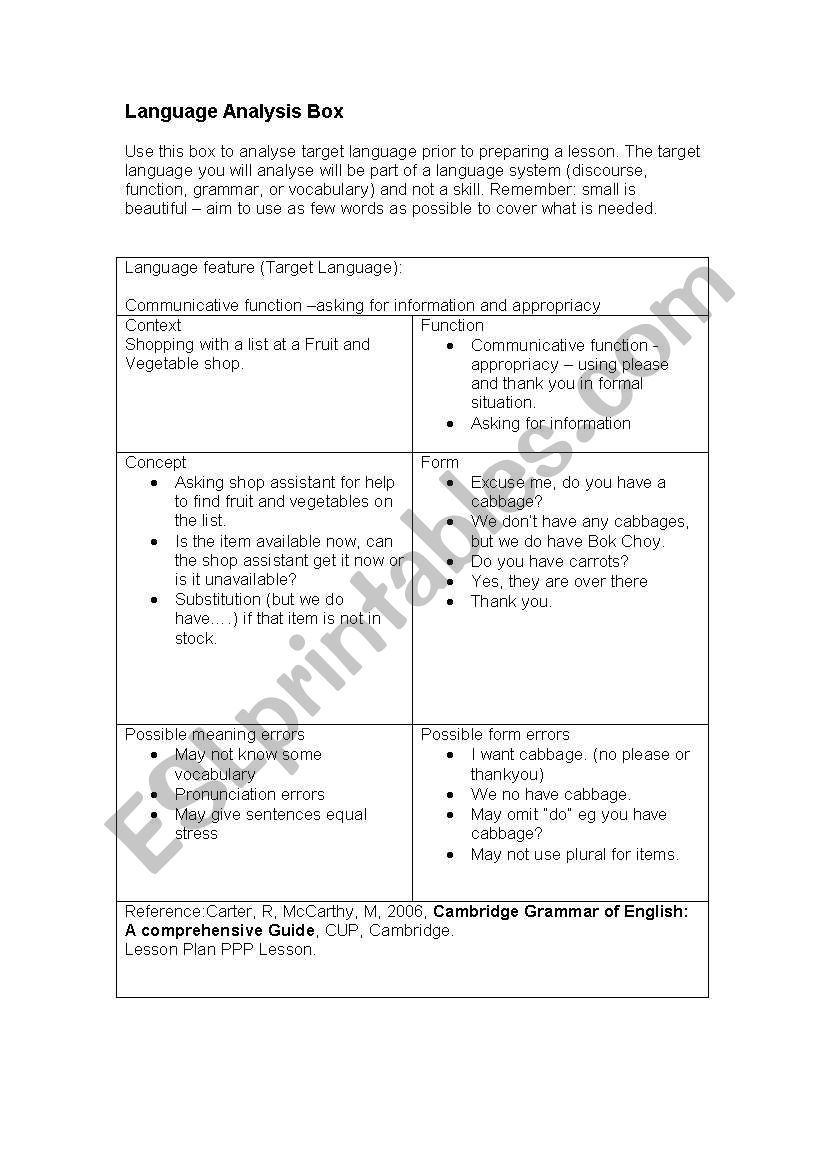 language analysis box worksheet