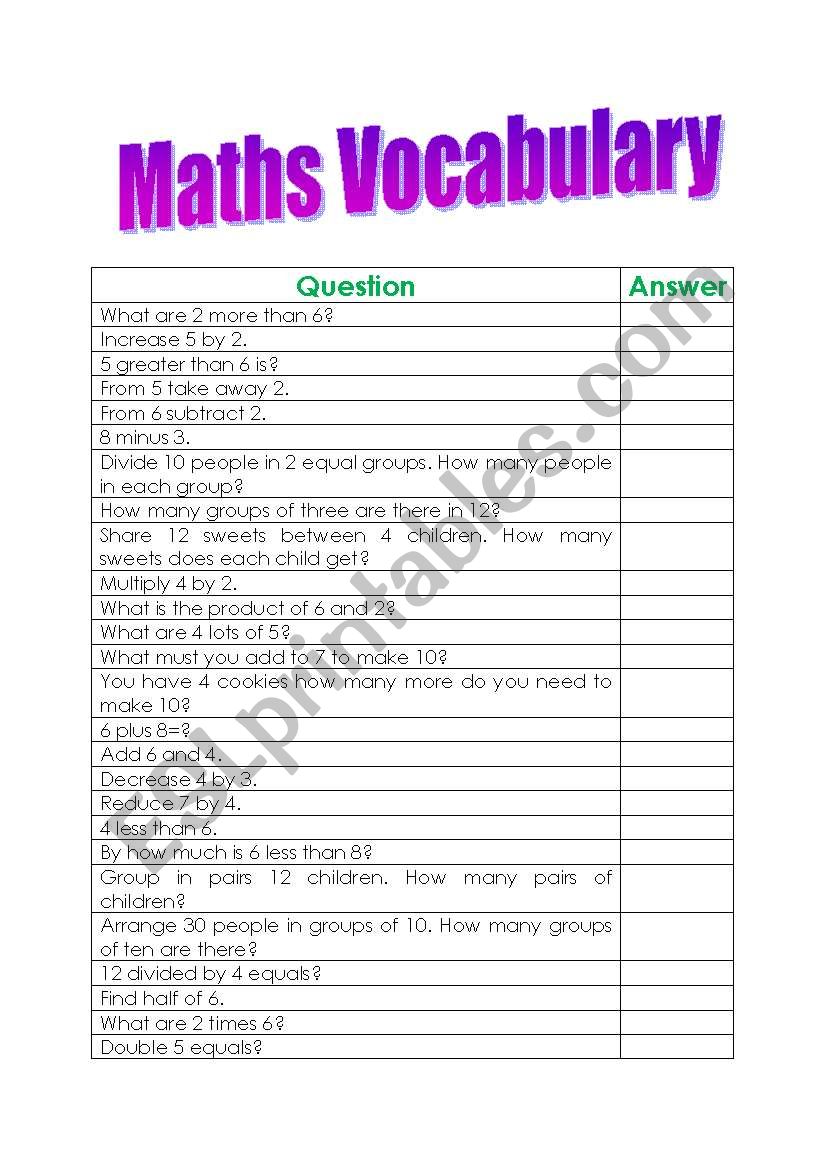 English Worksheets Maths Vocab