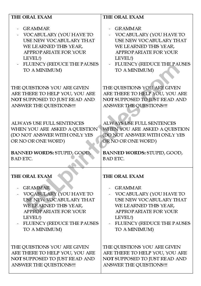 Oral exam worksheet