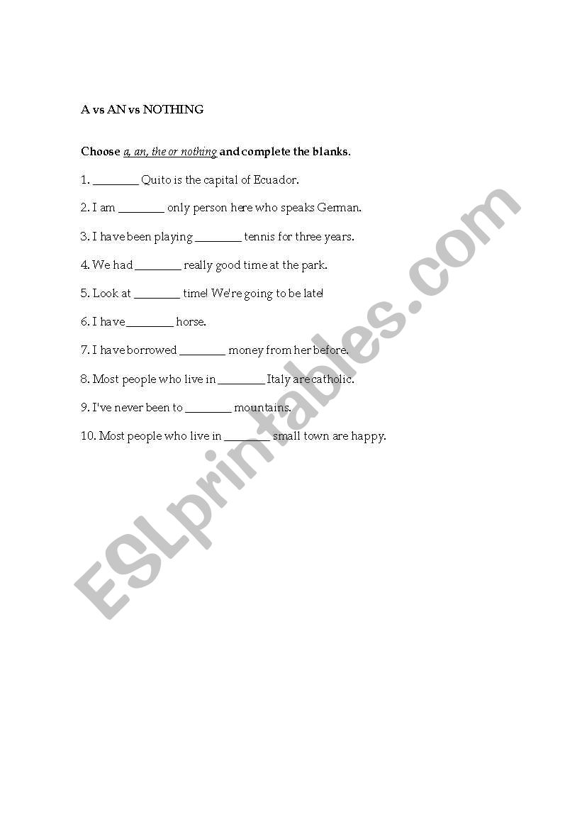 A vs AN vs NOTHING worksheet