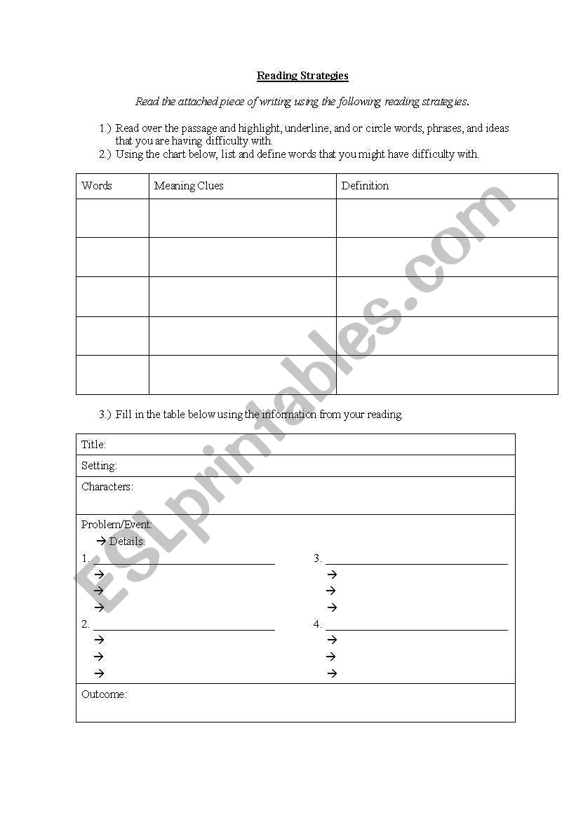 More Reading Strategies worksheet