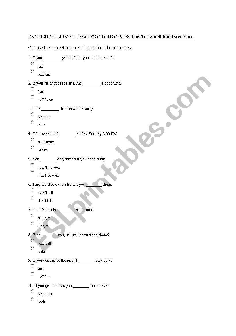1st Conditional test worksheet