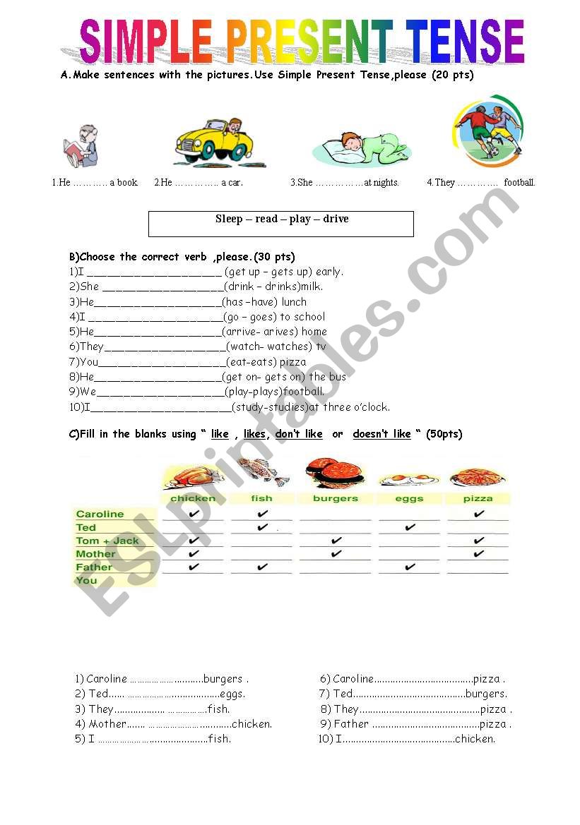 Simple Present Tense Quiz ESL Worksheet By UgiTeacher