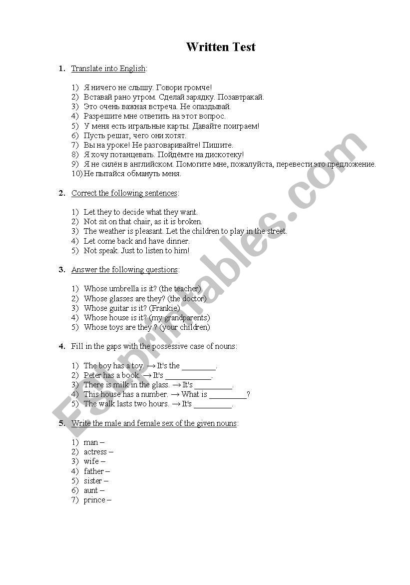 Written Test on Imperative Sentences, Possesives and Gender