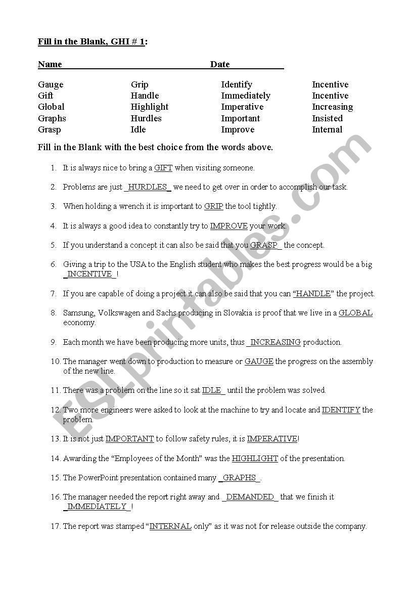 Answer Key, G, H, I, - Fill in the Blank Vocabulary words