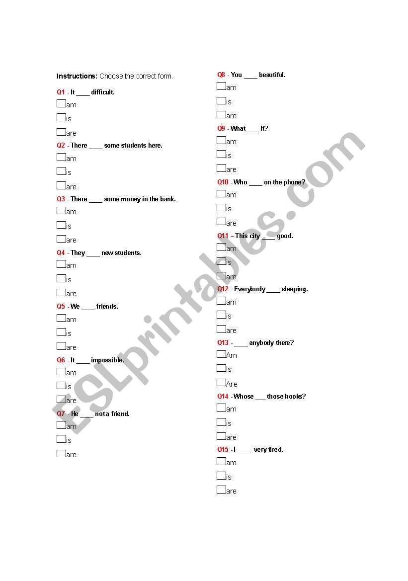 Verb to be worksheet