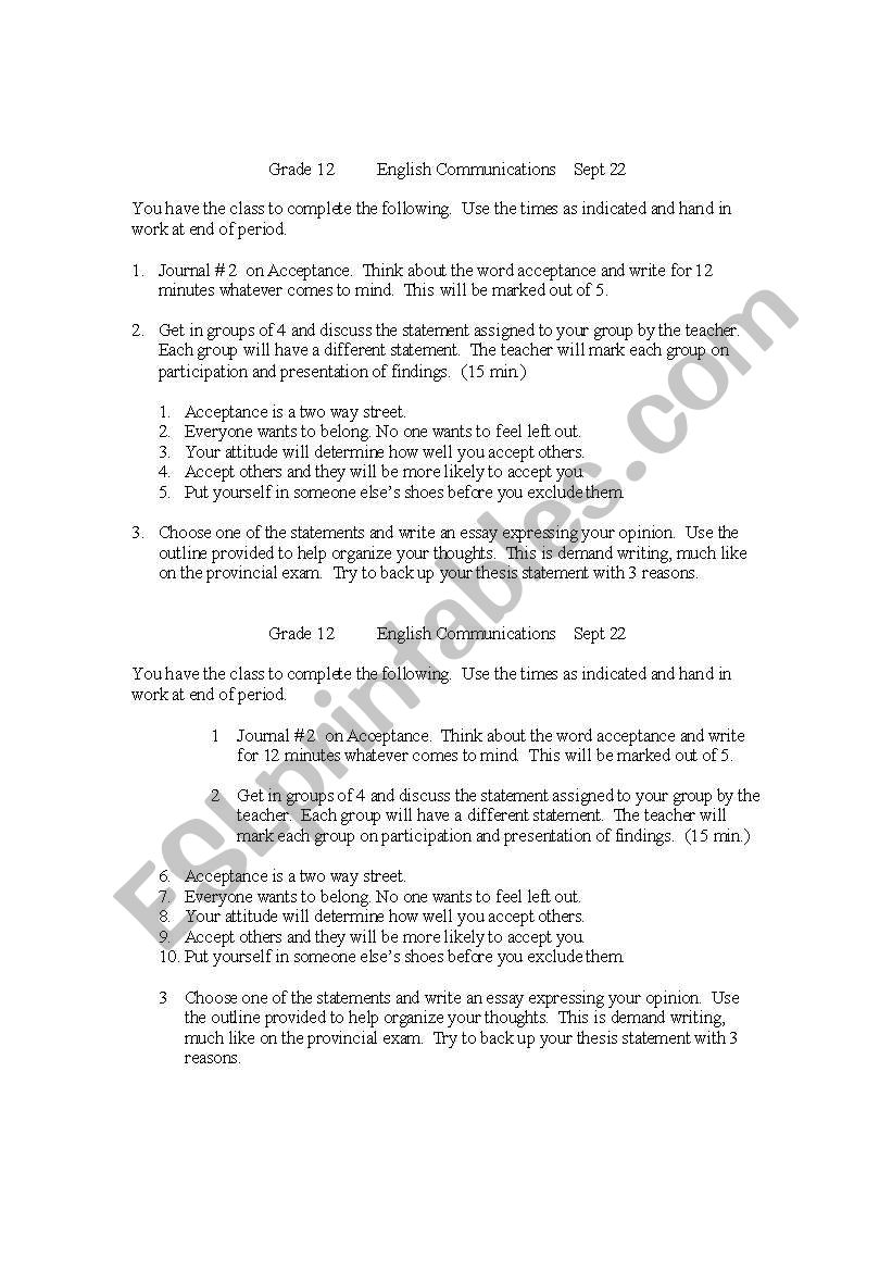 Acceptance worksheet