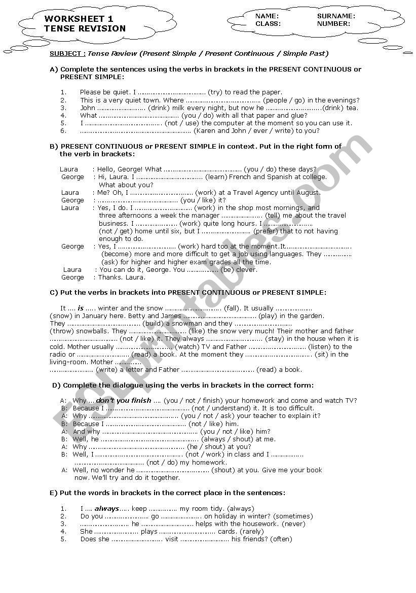 tense revision worksheet