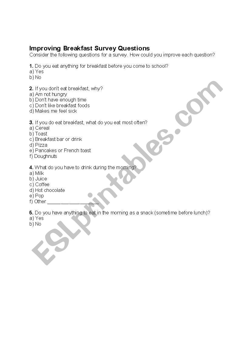 Improving Breakfast Survey worksheet