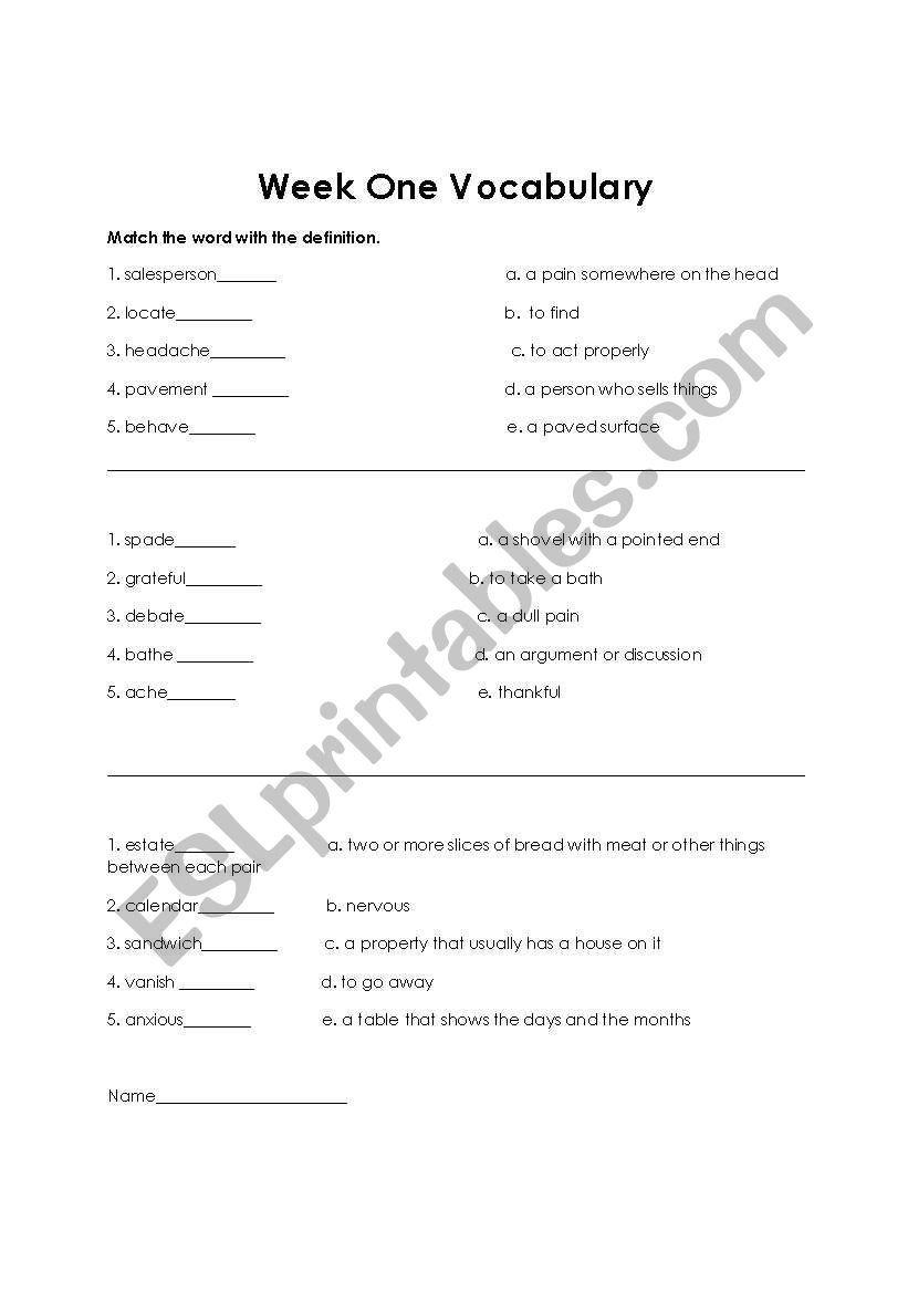 Week One Vocabulary Test worksheet