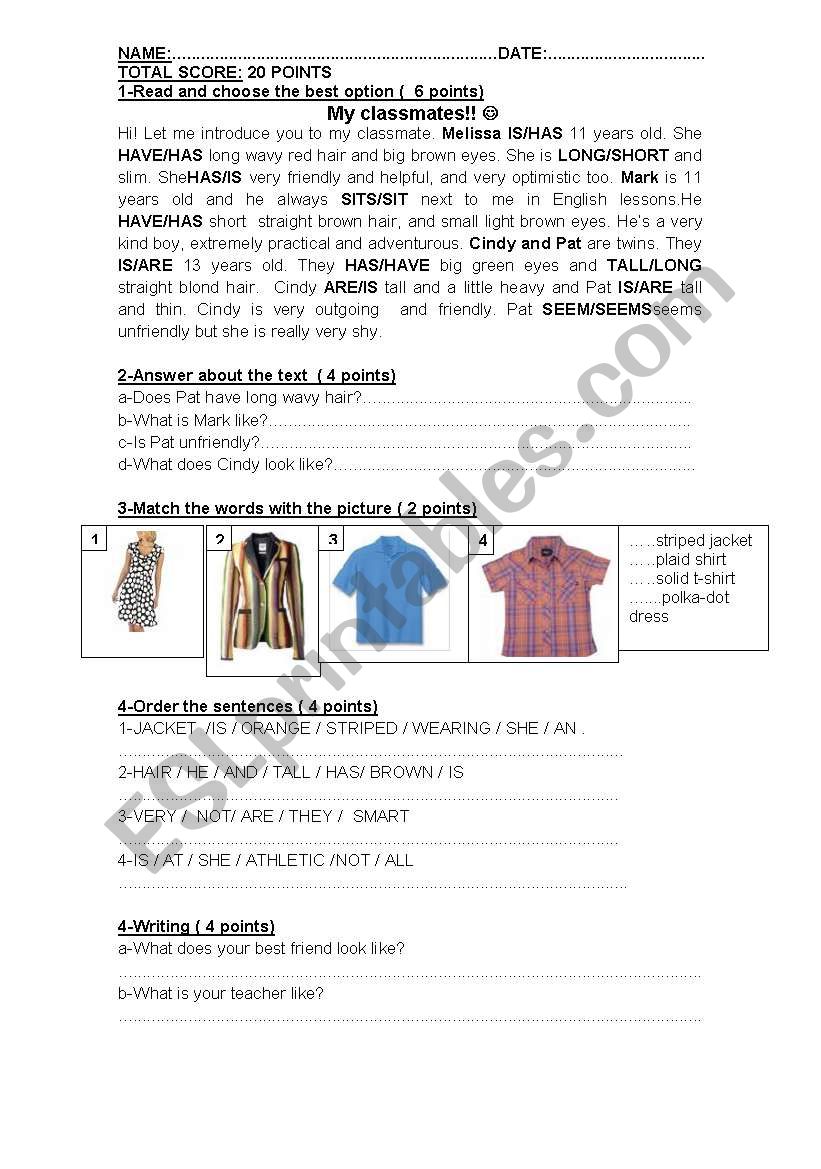 Test-physical description, clothes and personality - ESL worksheet by aniya