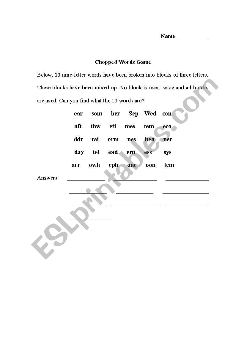 Chopped words game worksheet