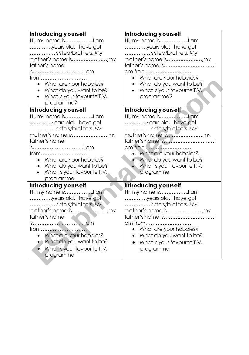 introducing yourself worksheet