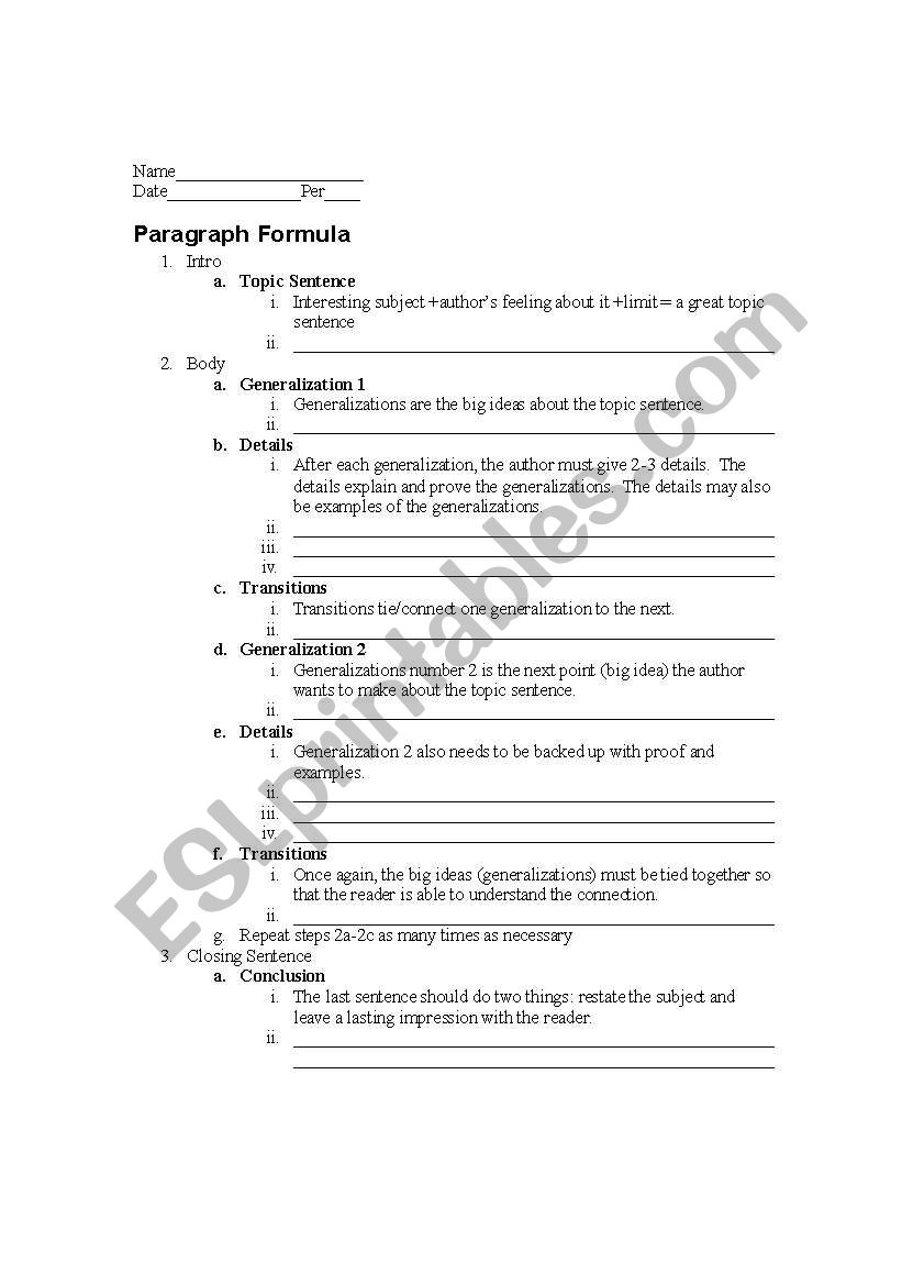 English worksheets: Paragraph outline
