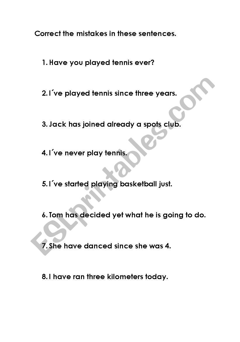 present perfect mistakes worksheet