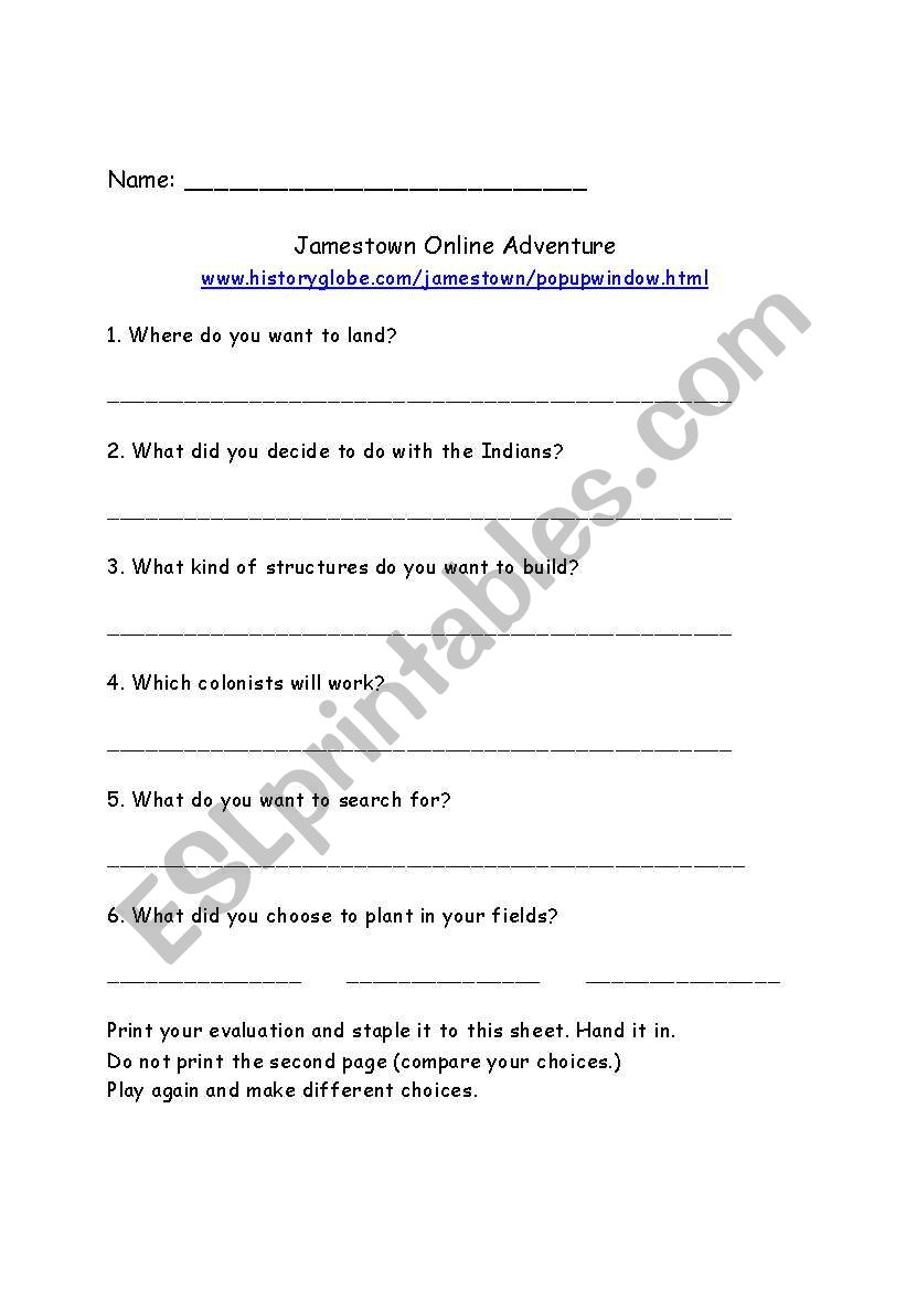 Jamestown Online Adventure worksheet