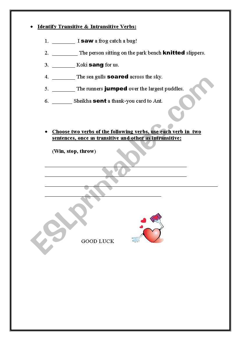 English Worksheets Transitive And Intransitive Verbs