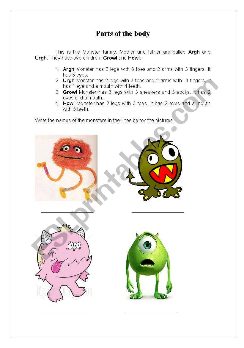 Body Parts (with monsters) worksheet