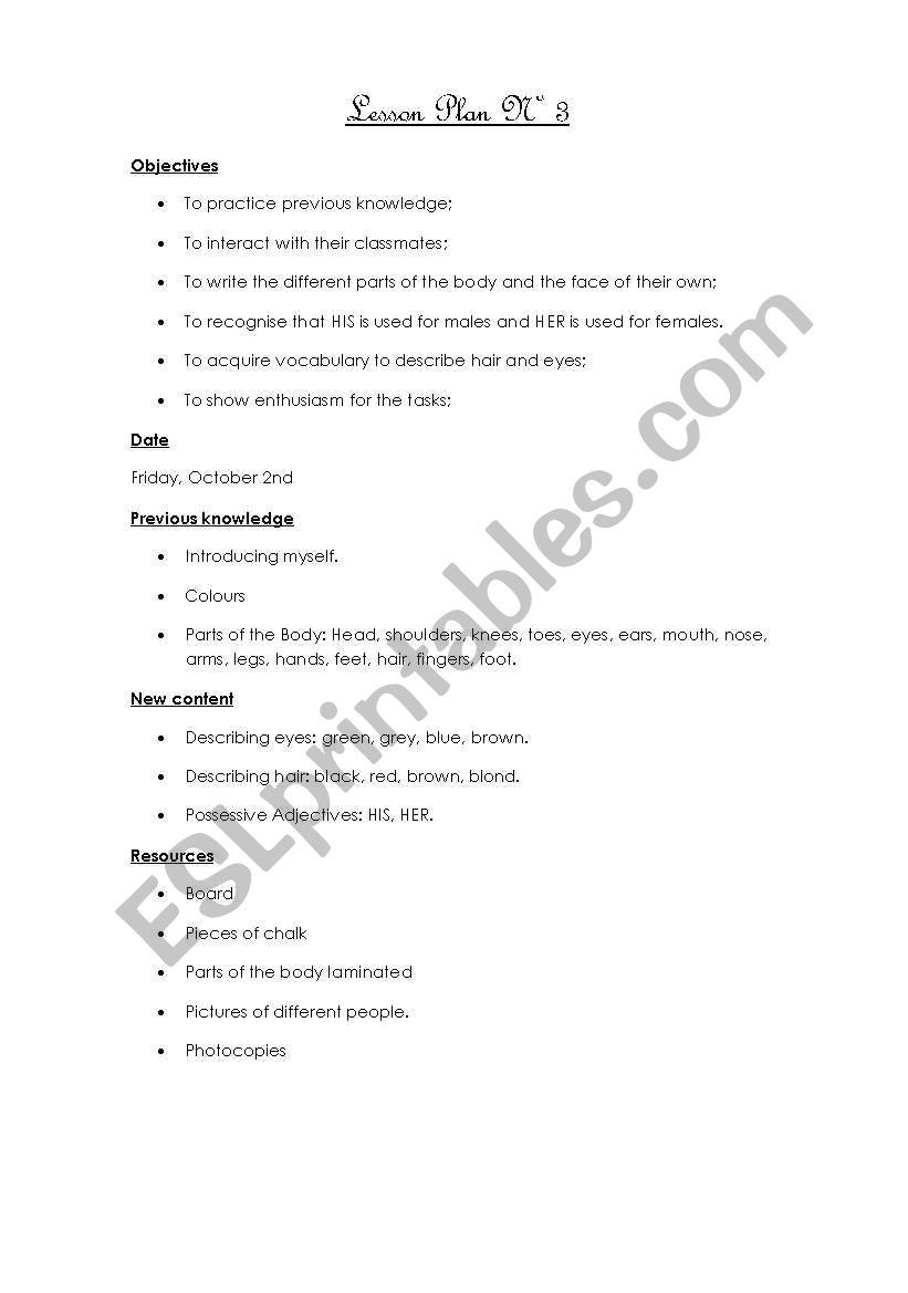Lesson Plan N3 -  Worksheets included (Parts of the body, his, her, colours) 3/12