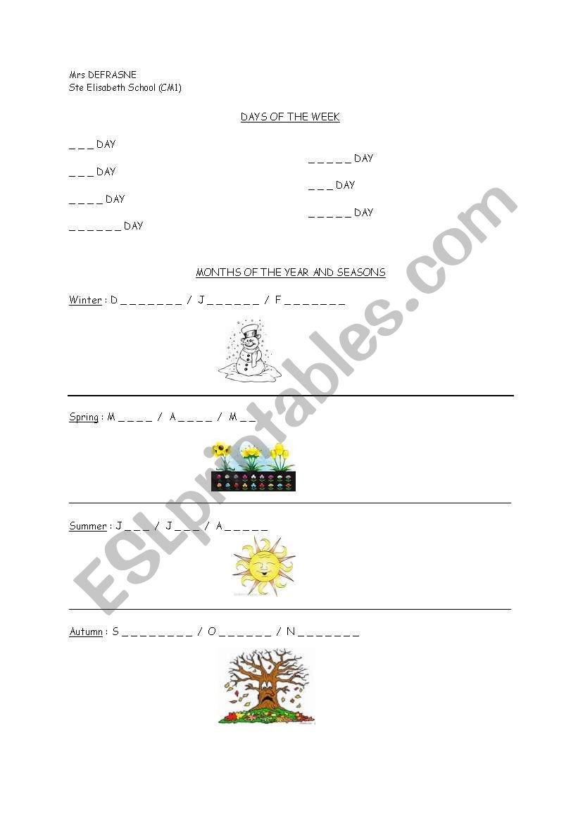 Days, months and seasons worksheet