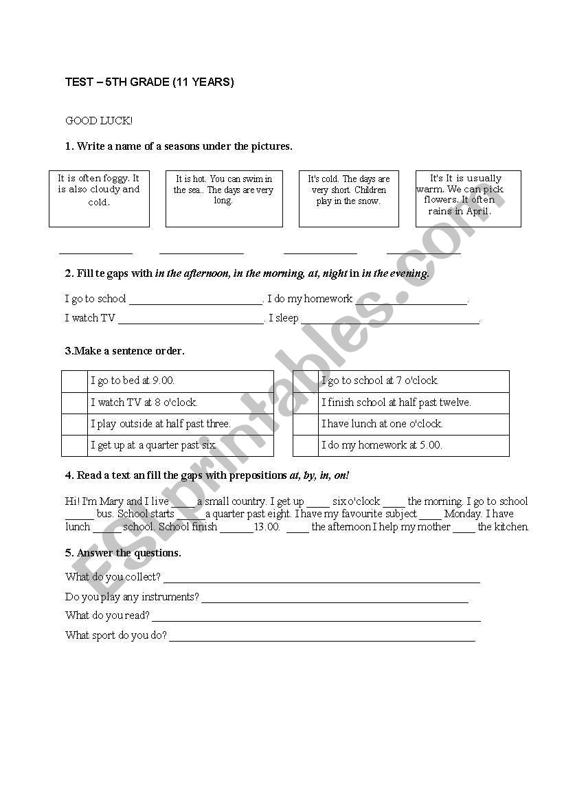 test 5th grade worksheet