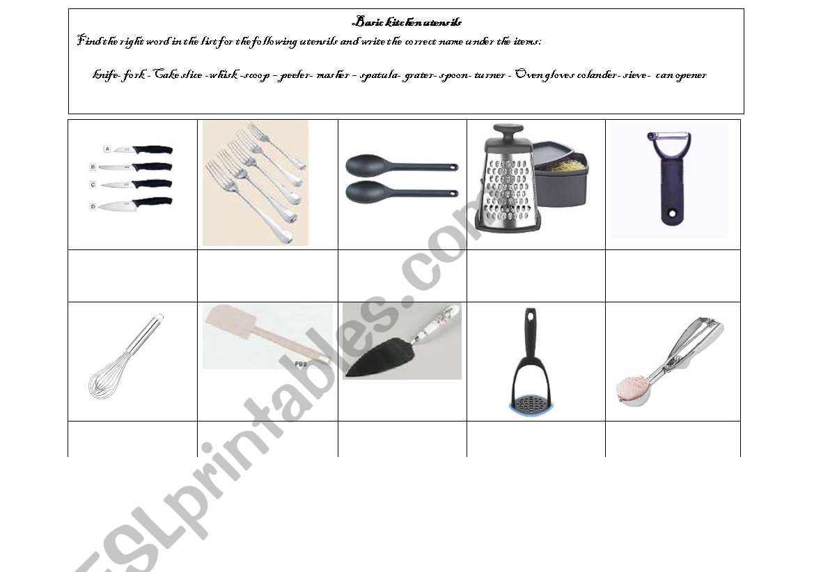 basic utensels worksheet