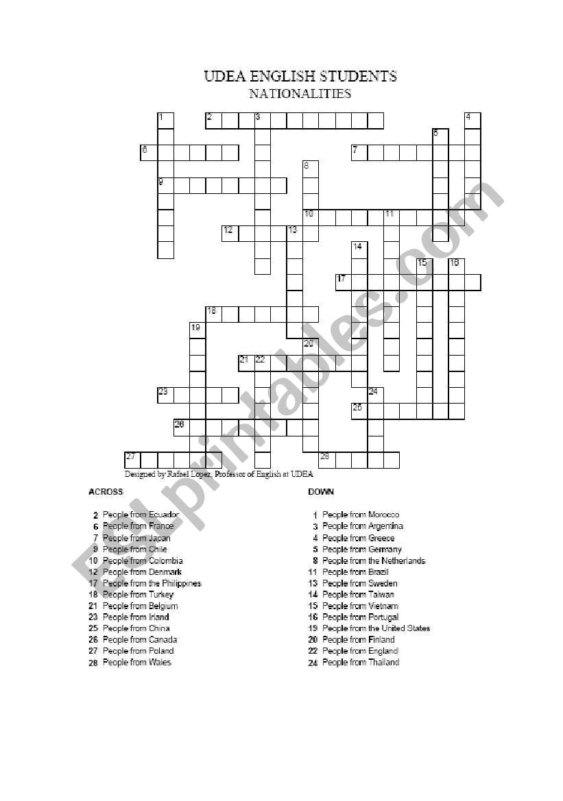 Nationalities, crossword puzzle