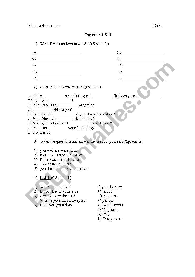 test worksheet