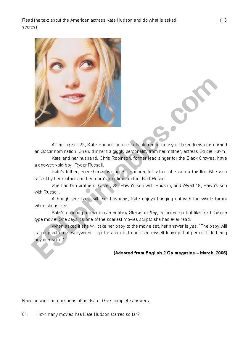 kate hudson  worksheet