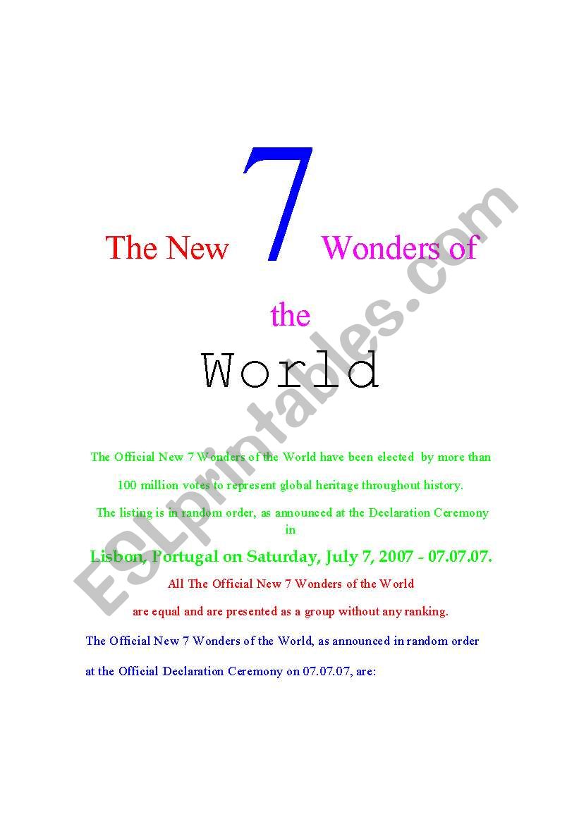 New 7 wonders worksheet