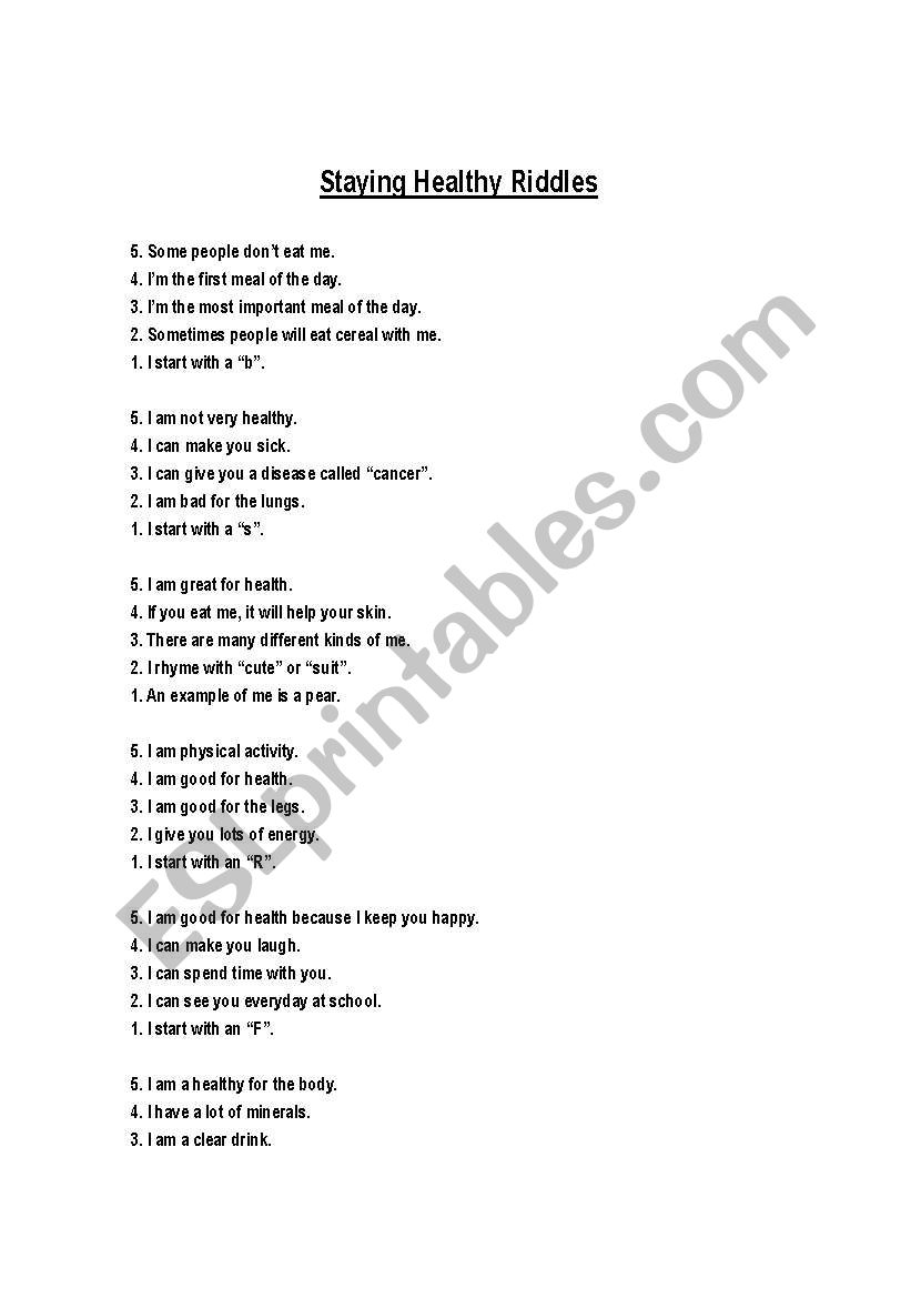 Staying Healthy Riddles worksheet