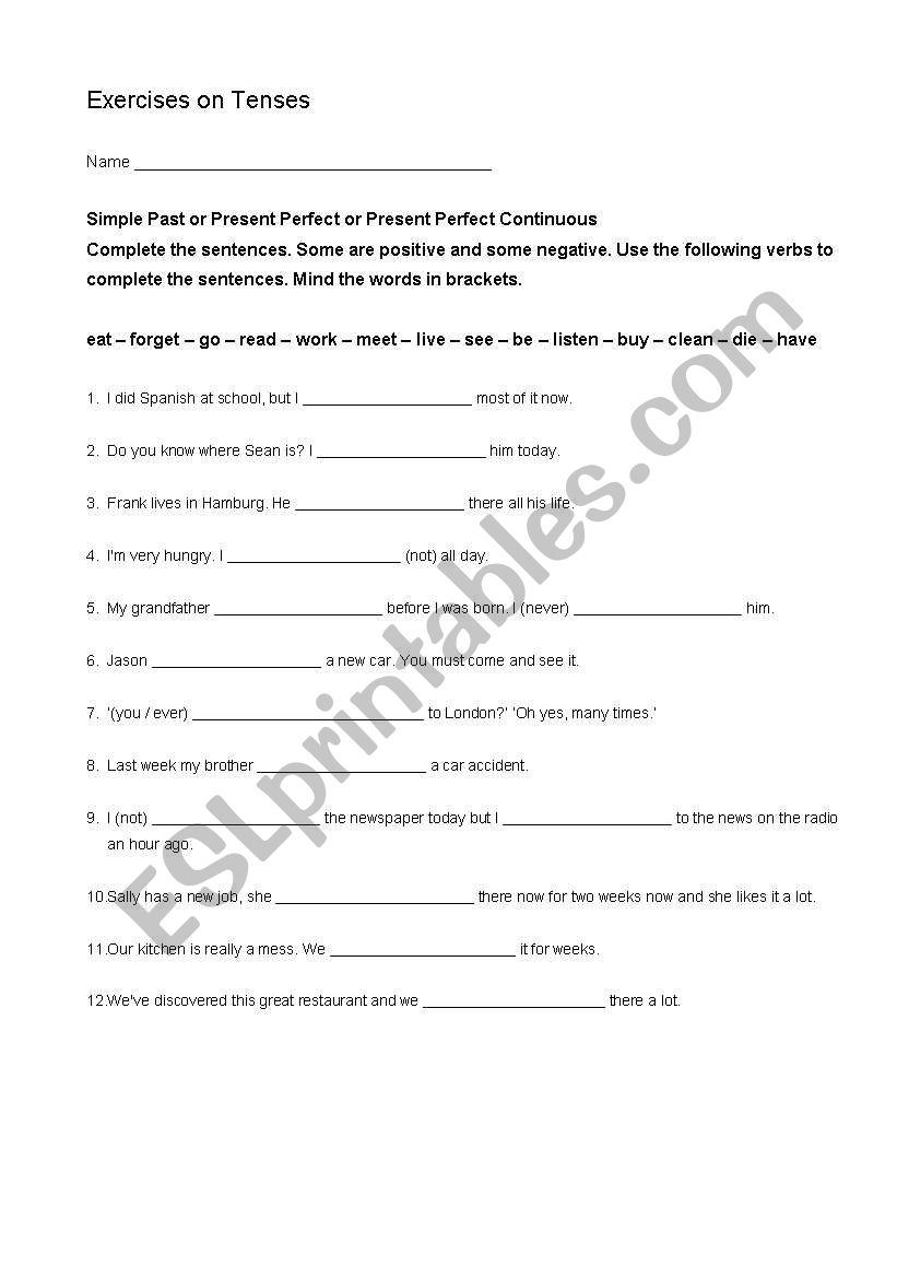 Exrercises on Tenses worksheet