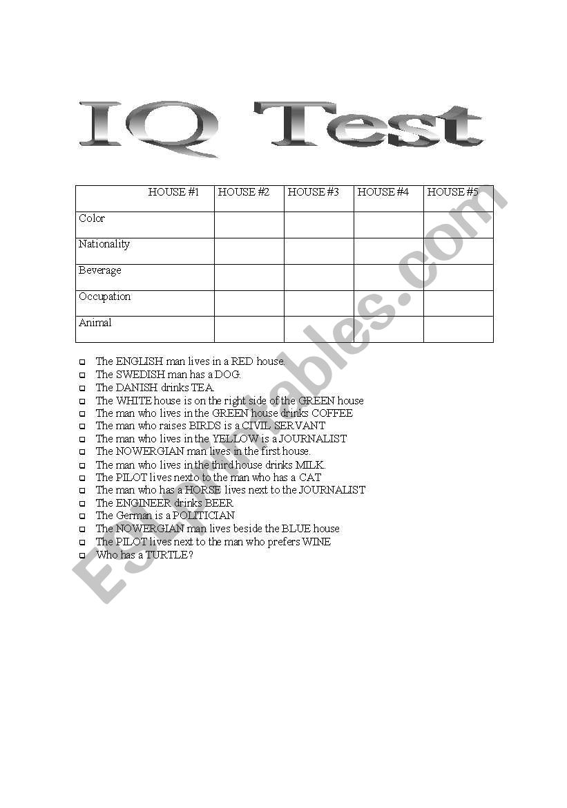 English worksheets: IQ Test